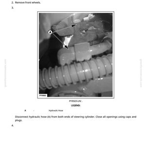 Pu&ograve; includere: Diagramma delle istruzioni per la riparazione dell'assale del trattore. Il testo include "Rimuovere e installare l'assale anteriore - MFWD" e le istruzioni per sollevare la parte anteriore del trattore e scollegare un tubo idraulico.