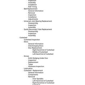 May include: A detailed list of agricultural equipment maintenance procedures, including installation, inspection, and replacement instructions for various components like drivelines, belts, and cutterbeds. The text is in black font on a white background.