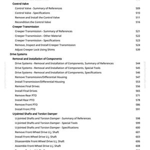 Puede incluir: Una p&aacute;gina de manual con una lista de procedimientos de reparaci&oacute;n de autom&oacute;viles. El texto incluye temas como "Control Valve", "Creeper Transmission" y "Drive Systems". El n&uacute;mero de p&aacute;gina es 9.