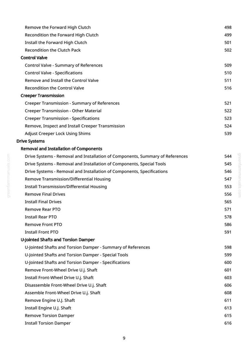 Puede incluir: Una p&aacute;gina de manual con una lista de procedimientos de reparaci&oacute;n de autom&oacute;viles. El texto incluye temas como "Control Valve", "Creeper Transmission" y "Drive Systems". El n&uacute;mero de p&aacute;gina es 9.