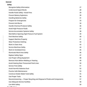 May include: A white page titled "Table of Contents" from a manual. The page lists safety topics such as "Handle Fluids Safely" and "Prevent Battery Explosions". The page numbers are on the right.