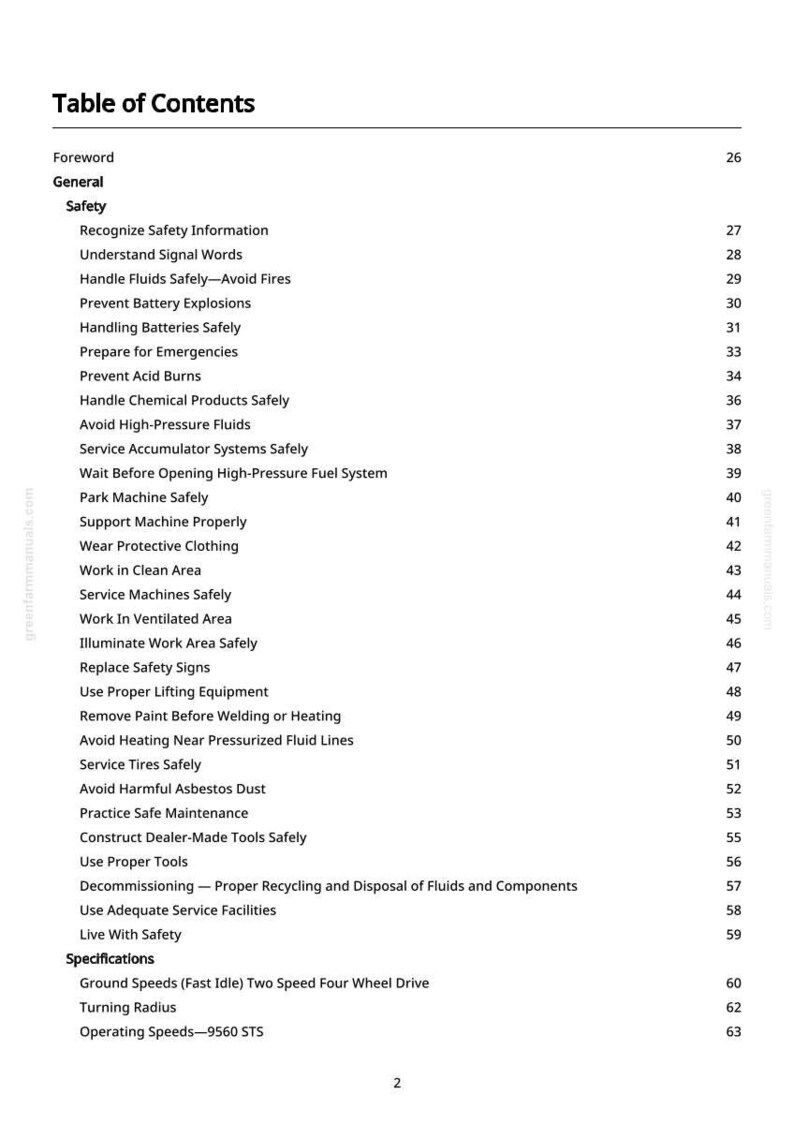 May include: A white page titled "Table of Contents" from a manual. The page lists safety topics such as "Handle Fluids Safely" and "Prevent Battery Explosions". The page numbers are on the right.