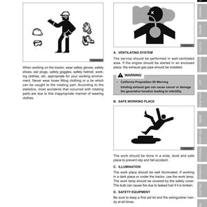 以下が含まれることがあります： イラストとテキストが記載された安全マニュアルのページ。手袋、靴、ヘルメットなどの安全装備が写っています。換気や照明など、作業エリアの安全手順も示しています。