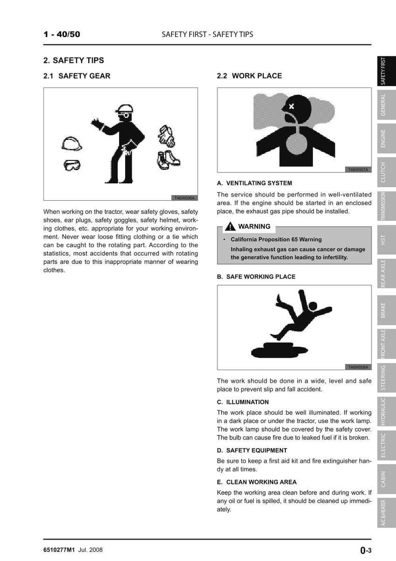 以下が含まれることがあります： イラストとテキストが記載された安全マニュアルのページ。手袋、靴、ヘルメットなどの安全装備が写っています。換気や照明など、作業エリアの安全手順も示しています。