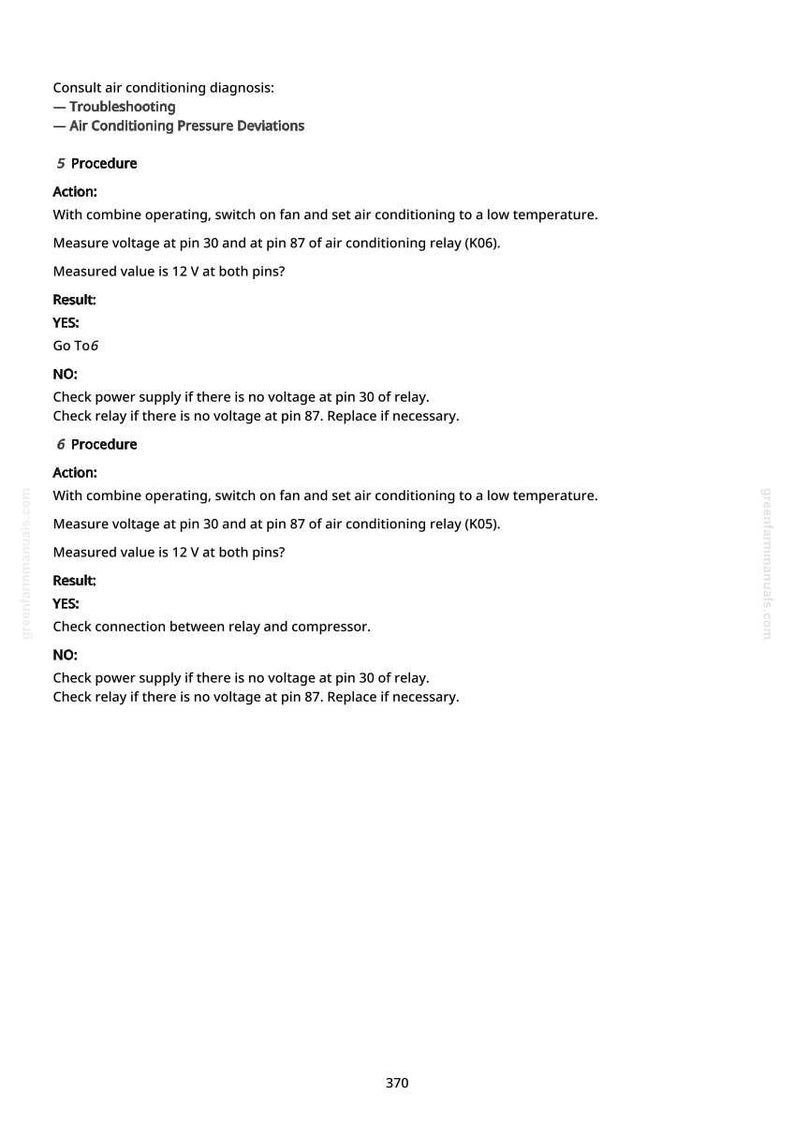 May include: A page from a manual detailing air conditioning troubleshooting procedures. The text includes instructions on measuring voltage at relay pins and troubleshooting steps. The page has the number 370 at the bottom.