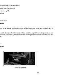 May include: A manual page detailing alternator troubleshooting steps. The image shows a black and white photo of a car battery. Text includes "Battery (G01) Inspection".