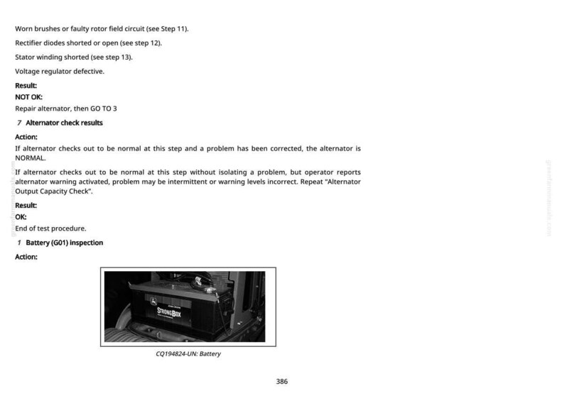 May include: A manual page detailing alternator troubleshooting steps. The image shows a black and white photo of a car battery. Text includes "Battery (G01) Inspection".