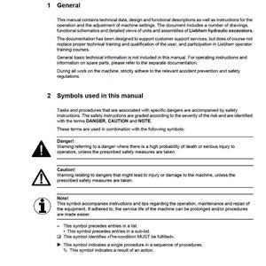 K&ouml;nnte beinhalten: Ein Servicehandbuch mit dem Titel &bdquo;Vorwort&ldquo; mit Abschnitten zu allgemeinen Informationen, Symbolen und Vorschriften. Das Handbuch enth&auml;lt Sicherheitshinweise und Anweisungen f&uuml;r Liebherr-Hydraulikbagger. Das Liebherr-Logo befindet sich unten.