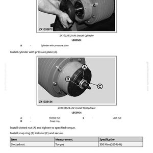 May include: Diagrams illustrating mechanical assembly steps. The first image shows a cylinder with a pressure plate being installed. The second image shows the installation of a slotted nut, snap ring, and lock nut. The torque specification is 350 N&middot;m (260 lb-ft).