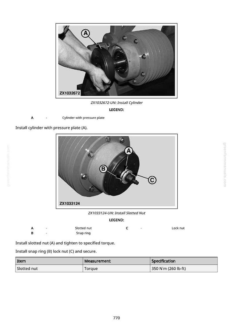 May include: Diagrams illustrating mechanical assembly steps. The first image shows a cylinder with a pressure plate being installed. The second image shows the installation of a slotted nut, snap ring, and lock nut. The torque specification is 350 N&middot;m (260 lb-ft).