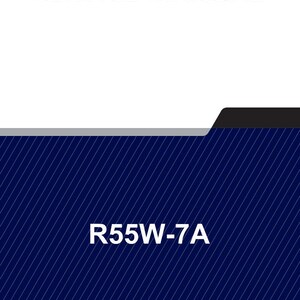 Może przedstawiać: Instrukcja serwisowa z tytułem "SERVICE MANUAL" pogrubioną, czarną czcionką u g&oacute;ry. Dolna sekcja zawiera tekst "R55W-7A" w kolorze białym, z ciemnoniebieskim tłem i białymi liniami ukośnymi.