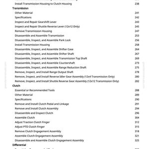 May include: A page from a manual with a table of contents. The text includes specifications for transmission, clutch, and differential components. The page numbers are listed on the right side of the page.