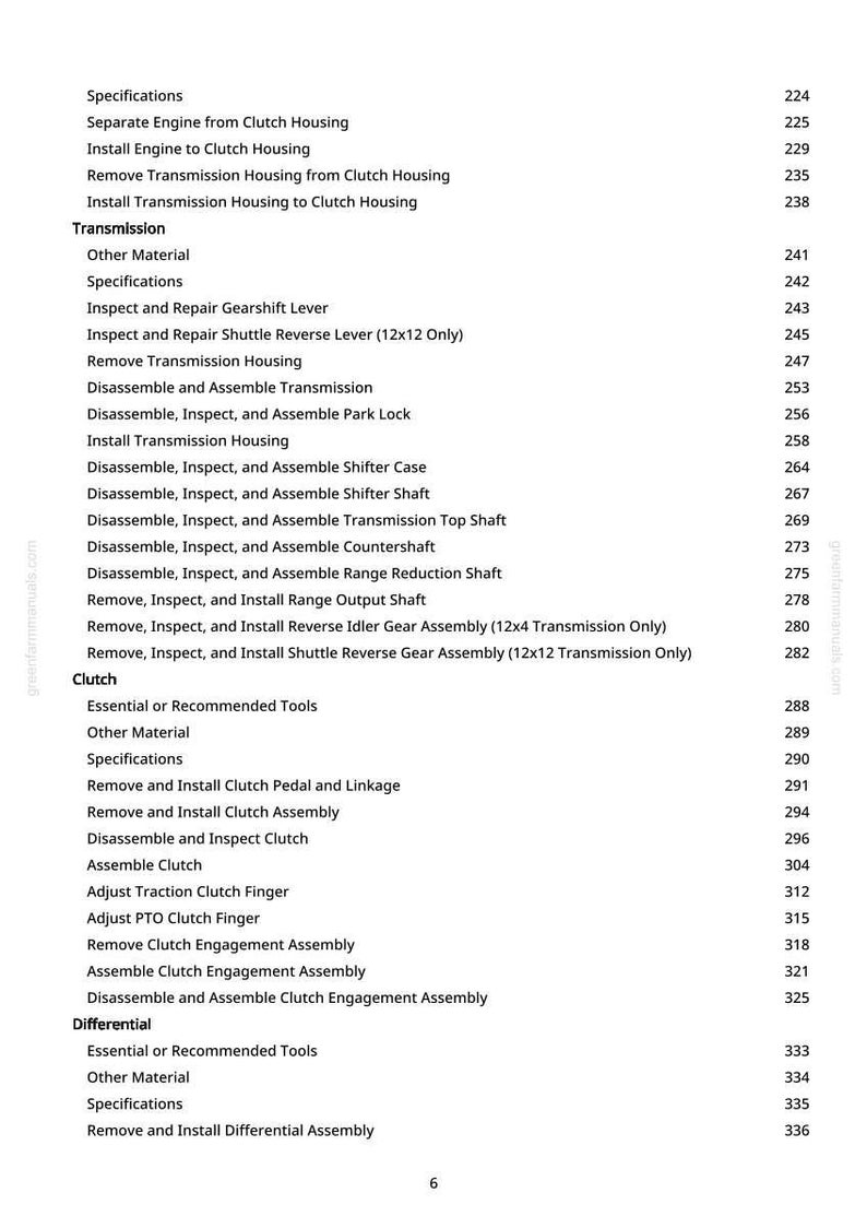 May include: A page from a manual with a table of contents. The text includes specifications for transmission, clutch, and differential components. The page numbers are listed on the right side of the page.