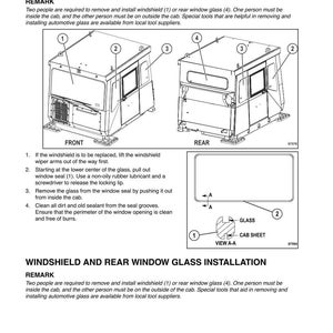 May include: Diagram of windshield and rear window glass removal and installation. The image shows front and rear views of a cab with numbered parts, along with instructions and a diagram of a cross-section of the glass.