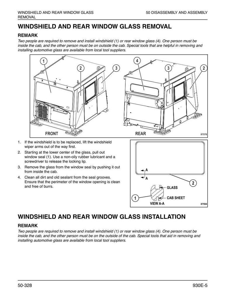 May include: Diagram of windshield and rear window glass removal and installation. The image shows front and rear views of a cab with numbered parts, along with instructions and a diagram of a cross-section of the glass.