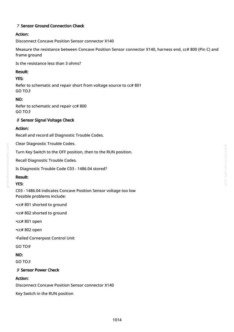 May include: A white page with black text detailing automotive sensor checks. The text includes instructions for ground connection, signal voltage, and power checks. The document is from greenfarmmanuals.com and includes the number 1014.