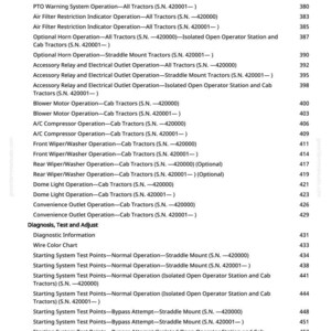 May include: A printed page from a manual, featuring a table of contents with various tractor system operations, tests, and adjustments. The text is black on a white background, with page numbers.