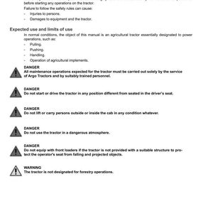 May include: A white document with the Argo Tractors logo and technical notes about tractor safety and usage. The document includes warnings and safety guidelines for tractor operation, with text in black.