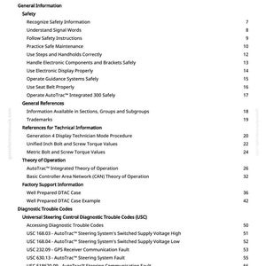 May include: A white page with a "Table of Contents" listing various topics in black text. Sections include "Safety", "General References", and "Diagnostic Trouble Codes". The layout is clean and easy to read.