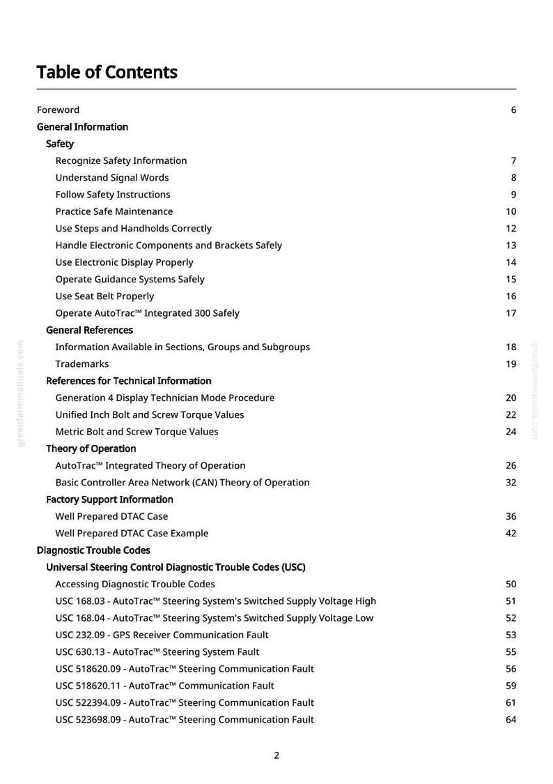 May include: A white page with a "Table of Contents" listing various topics in black text. Sections include "Safety", "General References", and "Diagnostic Trouble Codes". The layout is clean and easy to read.