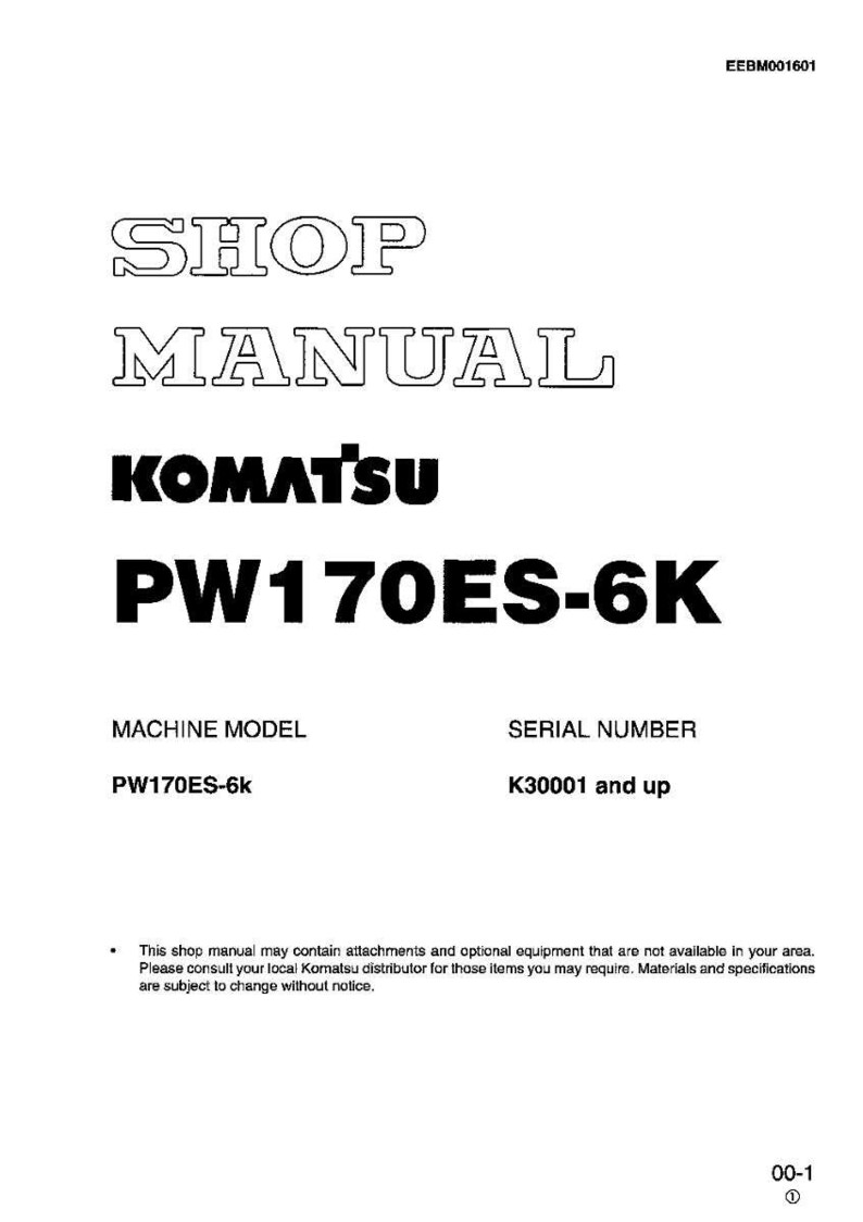 Op de afbeelding: Een witte werkplaatshandleiding met de tekst "SHOP MANUAL" in een vetgedrukte, omlijnde lettertype. De handleiding toont ook "KOMATSU PW170ES-6K" en model- en serienummerinformatie. Het document bevat een disclaimer.