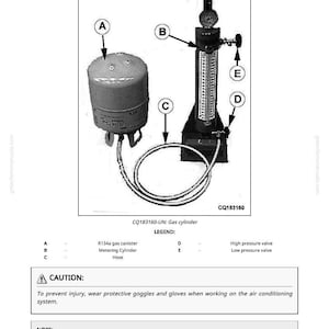 May include: Diagram illustrating the process of filling a gas cylinder. The image shows a gas canister, metering cylinder, hose, and high and low pressure valves. Text includes a caution about wearing protective gear and a note about using a yellow hose.