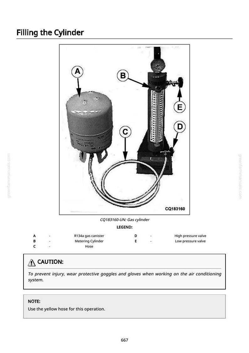 May include: Diagram illustrating the process of filling a gas cylinder. The image shows a gas canister, metering cylinder, hose, and high and low pressure valves. Text includes a caution about wearing protective gear and a note about using a yellow hose.