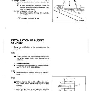 May include: Technical diagram with instructions for bucket cylinder disassembly and installation. Includes illustrations of components, measurements, and safety warnings. The bucket cylinder weighs 56 kg.