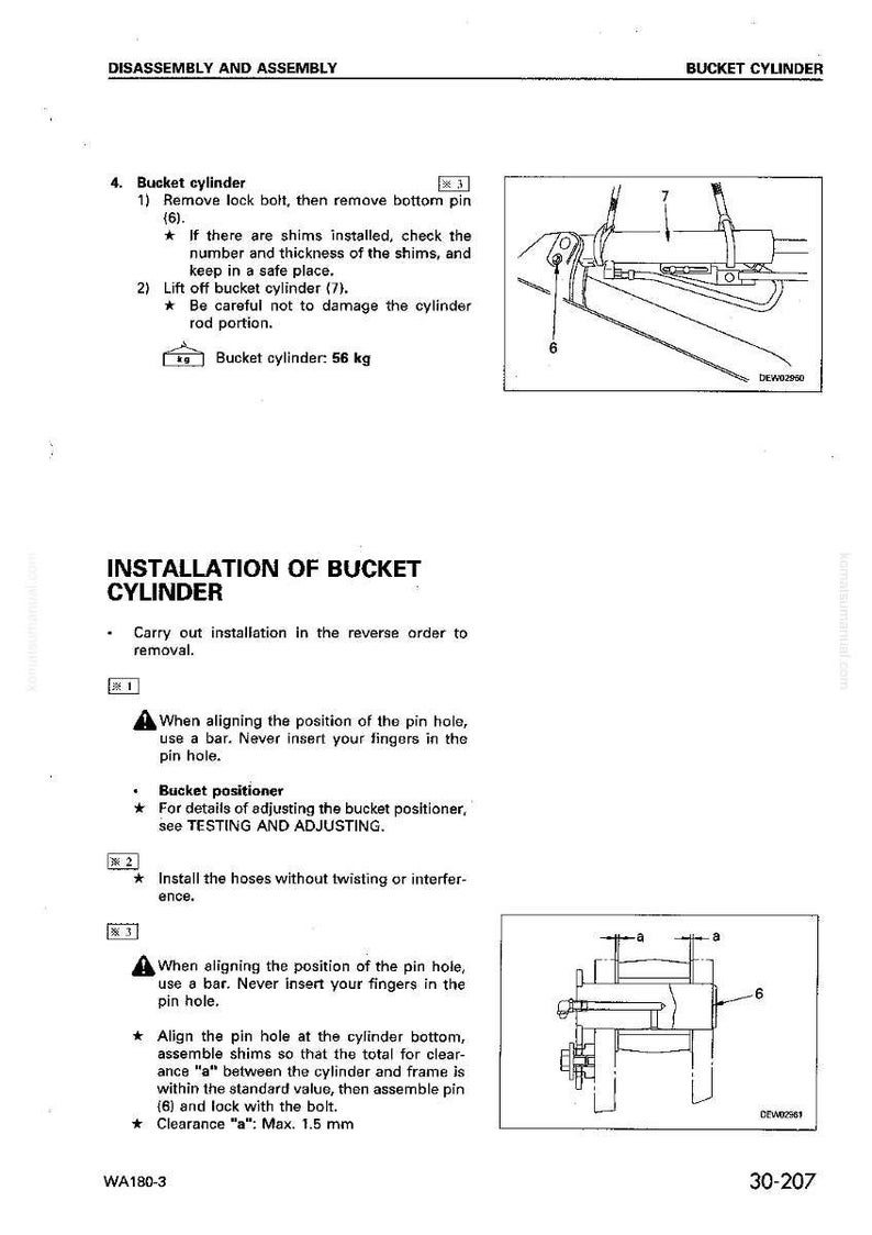 May include: Technical diagram with instructions for bucket cylinder disassembly and installation. Includes illustrations of components, measurements, and safety warnings. The bucket cylinder weighs 56 kg.