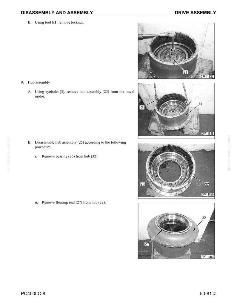 May include: Technical diagram showing the disassembly and assembly of a drive assembly. The image details hub assembly components, such as locknuts, bearings, and seals, with labels and part numbers. The text provides instructions for removing and disassembling parts for maintenance.