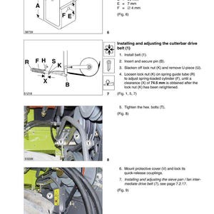 May include: Diagram of CLAAS drive belts on the left side, with detailed illustrations of components like the U-piece (46 mm), and instructions for installation and adjustment. Includes measurements in millimeters.