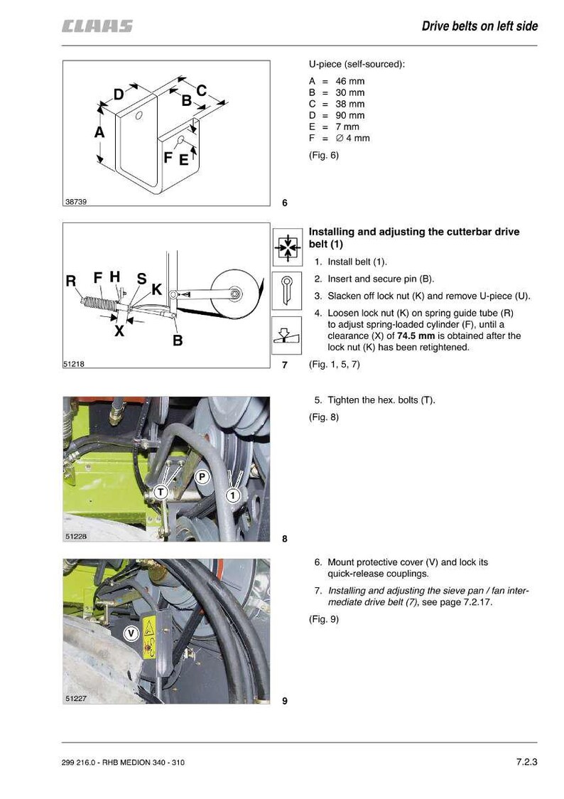 May include: Diagram of CLAAS drive belts on the left side, with detailed illustrations of components like the U-piece (46 mm), and instructions for installation and adjustment. Includes measurements in millimeters.