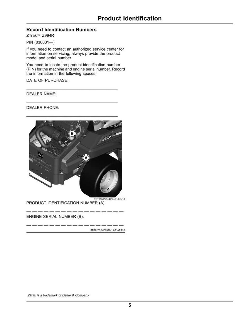 May include: A product identification document for a ZTrak Z994R. The document includes fields for the date of purchase, dealer name, and phone number. An image of the machine is included, along with spaces for the product identification and engine serial numbers.