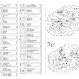 K&ouml;nnte beinhalten: Eine detaillierte technische Zeichnung mit mehreren Diagrammen und einer langen Liste von Spezifikationen. Die Diagramme zeigen komplexe mechanische Baugruppen mit zahlreichen Linien und Beschriftungen. Der Text ist in einer serifenlosen Schrift, und das Bild ist in Schwarzwei&szlig;.