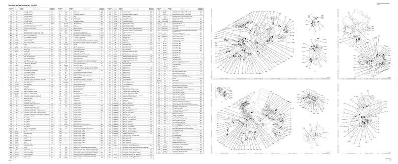 K&ouml;nnte beinhalten: Eine detaillierte technische Zeichnung mit mehreren Diagrammen und einer langen Liste von Spezifikationen. Die Diagramme zeigen komplexe mechanische Baugruppen mit zahlreichen Linien und Beschriftungen. Der Text ist in einer serifenlosen Schrift, und das Bild ist in Schwarzwei&szlig;.