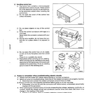 Puede incluir: Una p&aacute;gina de manual con instrucciones de soluci&oacute;n de problemas. Los diagramas muestran una caja de control, una caja de herramientas con la etiqueta "TOOL BOX" y otros componentes el&eacute;ctricos. El texto incluye precauciones de seguridad y pasos de mantenimiento.