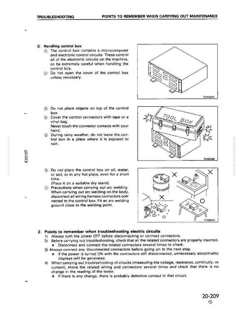 Puede incluir: Una p&aacute;gina de manual con instrucciones de soluci&oacute;n de problemas. Los diagramas muestran una caja de control, una caja de herramientas con la etiqueta "TOOL BOX" y otros componentes el&eacute;ctricos. El texto incluye precauciones de seguridad y pasos de mantenimiento.