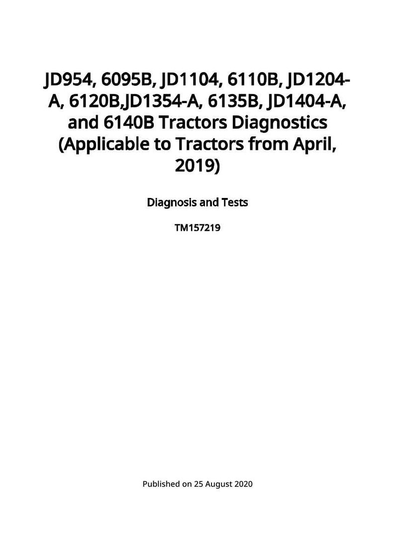 May include: White document with black text. The text includes tractor diagnostics information, model numbers, and the date "25 August 2020". The document is titled "Diagnosis and Tests".
