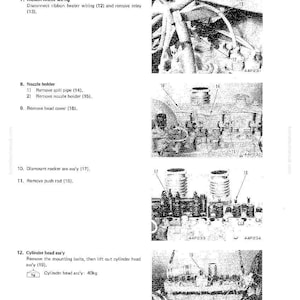 K&ouml;nnte beinhalten: Diagramm zur Demontage der Zylinderkopf-Baugruppe. Enth&auml;lt Bilder von D&uuml;senhaltern, Kipphebeln und Sto&szlig;stangen. Der Text gibt an, dass die Zylinderkopf-Baugruppe 40 kg wiegt.