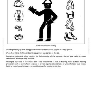 Puede incluir: Ilustraci&oacute;n en blanco y negro del equipo de protecci&oacute;n requerido. Incluye un casco, gafas de seguridad, protecci&oacute;n auditiva, guantes y botas de trabajo. La imagen tambi&eacute;n muestra un chaleco y una silueta.