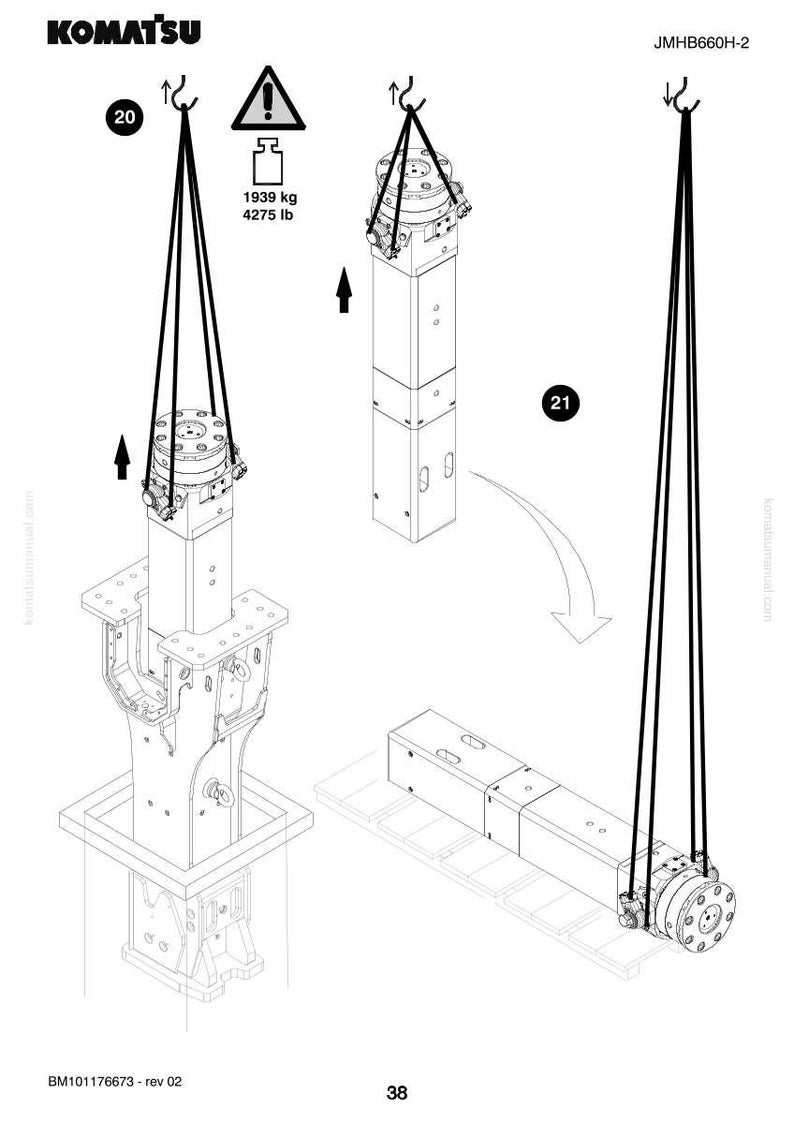 May include: Technical diagram of Komatsu machinery components, including a large rectangular structure suspended by cables. The diagram includes weight specifications of 4275 lb. The image is in black and white.