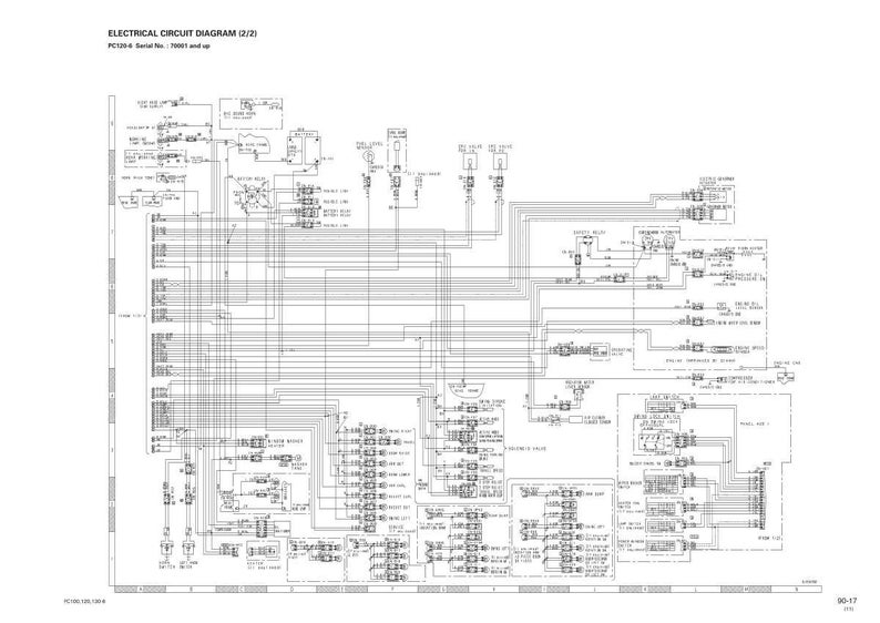 Op de afbeelding: Elektrisch circuitdiagram (2/2) met tekst: PC120-6, Serial No. 70001 en hoger. Het diagram is een gedetailleerde weergave met talrijke lijnen, symbolen en labels, allemaal in zwart-wit.