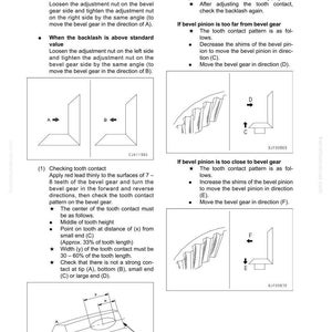 May include: A technical manual page with diagrams and instructions for adjusting bevel gears and pinions. The page includes illustrations of gear contact patterns and adjustment procedures, with measurements and directional arrows.