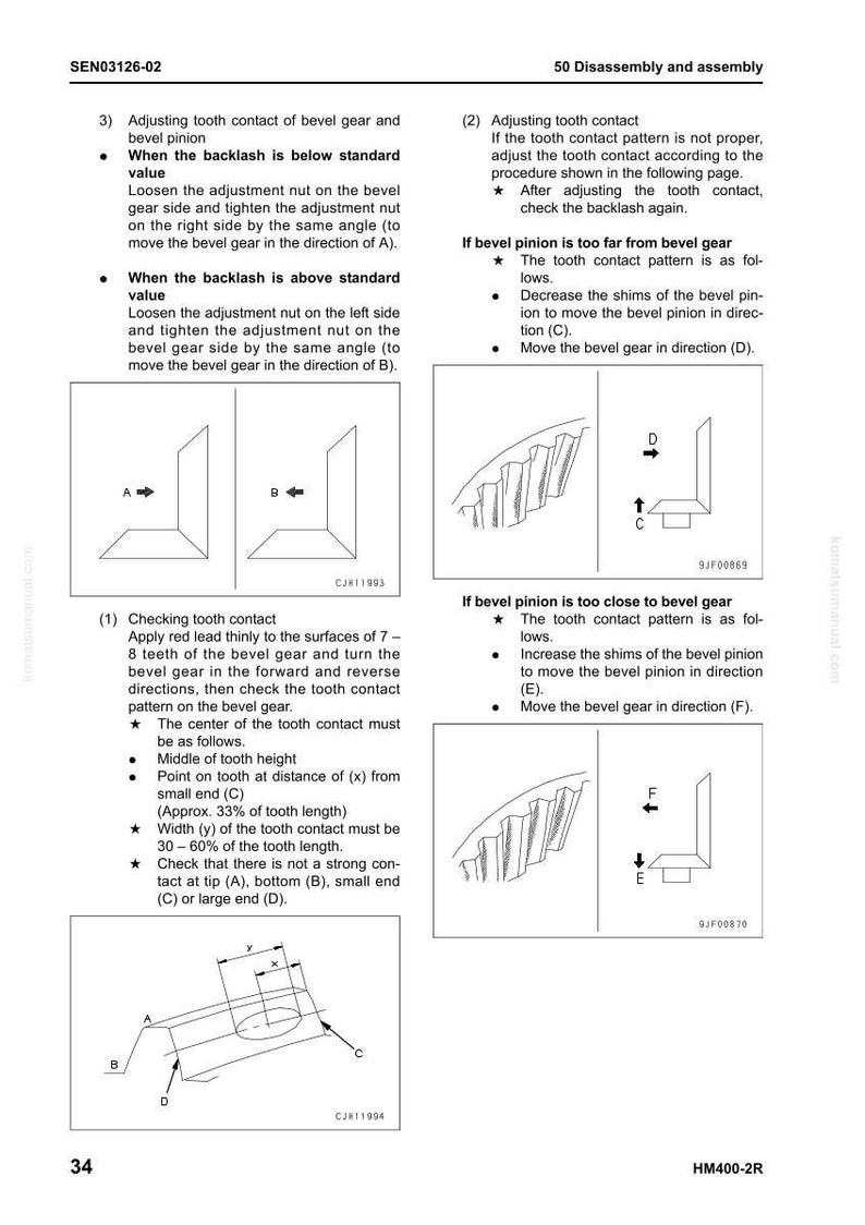 May include: A technical manual page with diagrams and instructions for adjusting bevel gears and pinions. The page includes illustrations of gear contact patterns and adjustment procedures, with measurements and directional arrows.