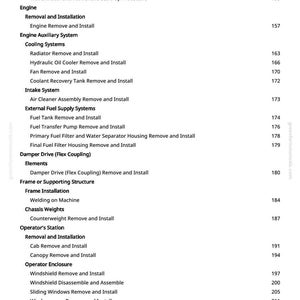 K&ouml;nnte beinhalten: Eine Seite aus einem Handbuch mit Inhaltsverzeichnis. Der Text umfasst Abschnitte zu Motorausbau, K&uuml;hlsystemen und Fahrerkabine. Seitenzahlen sind auf der rechten Seite aufgef&uuml;hrt.
