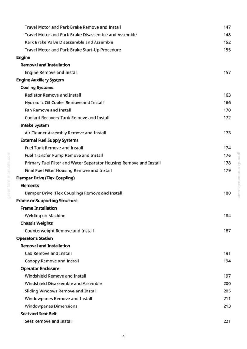 K&ouml;nnte beinhalten: Eine Seite aus einem Handbuch mit Inhaltsverzeichnis. Der Text umfasst Abschnitte zu Motorausbau, K&uuml;hlsystemen und Fahrerkabine. Seitenzahlen sind auf der rechten Seite aufgef&uuml;hrt.