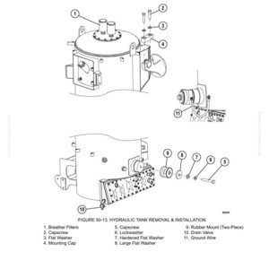 May include: An engineering diagram illustrating the disassembly and assembly of a hydraulic tank. The diagram includes labeled components like breather filters, capscrews, washers, and a rubber mount. Text at the top reads "50 Disassembly and assembly."