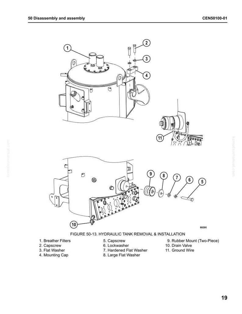 May include: An engineering diagram illustrating the disassembly and assembly of a hydraulic tank. The diagram includes labeled components like breather filters, capscrews, washers, and a rubber mount. Text at the top reads "50 Disassembly and assembly."