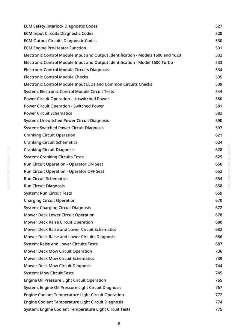 May include: A white page with a list of diagnostic codes and functions for an engine. The text includes terms like "ECM", "Circuit", "Operation", and "Diagnosis". The page number "8" is at the bottom.
