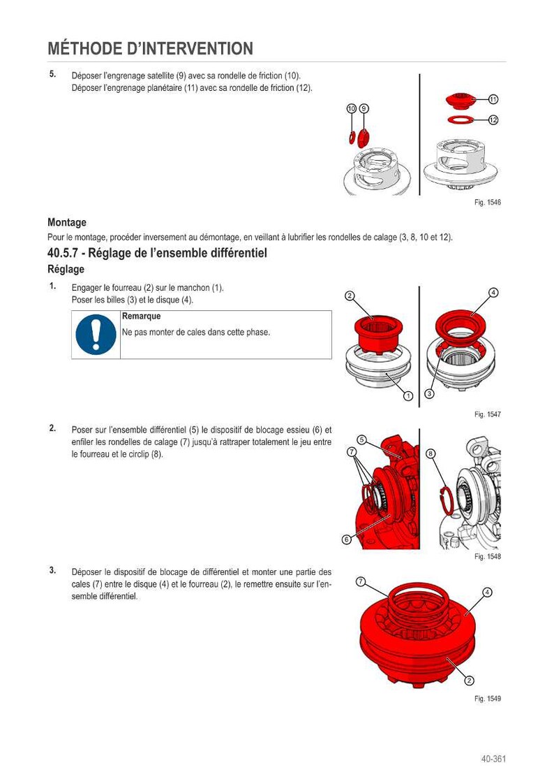 May include: Diagram showing mechanical components with labels and assembly instructions in French. The image features red and silver parts, with text detailing the assembly process. Figures 1546, 1547, 1548, and 1549 are referenced.